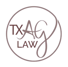 TXAC Law logo in taupe with a circular border and stylized lettering