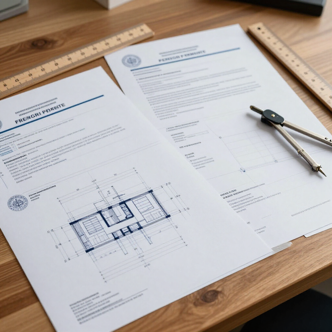 Planos arquitectónicos y documentos sobre un escritorio de madera con un compás y una regla.