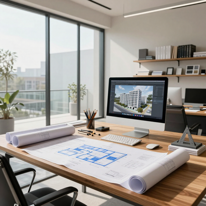 Escritorio de oficina moderno y luminoso con planos arquitectónicos, ordenador y una gran ventana con vistas.