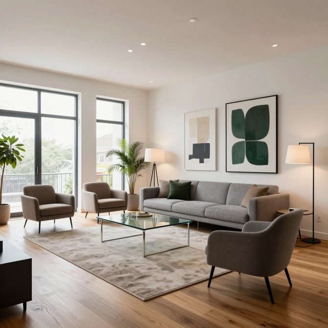 Sala de estar moderna con sofá gris, sillones, mesas de cristal, plantas y arte abstracto en la pared.
