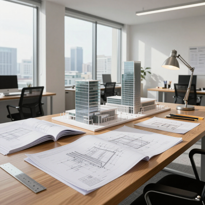 Oficina de arquitecto con maquetas de edificios, espacios abiertos y vistas a la ciudad a través de grandes ventanales.