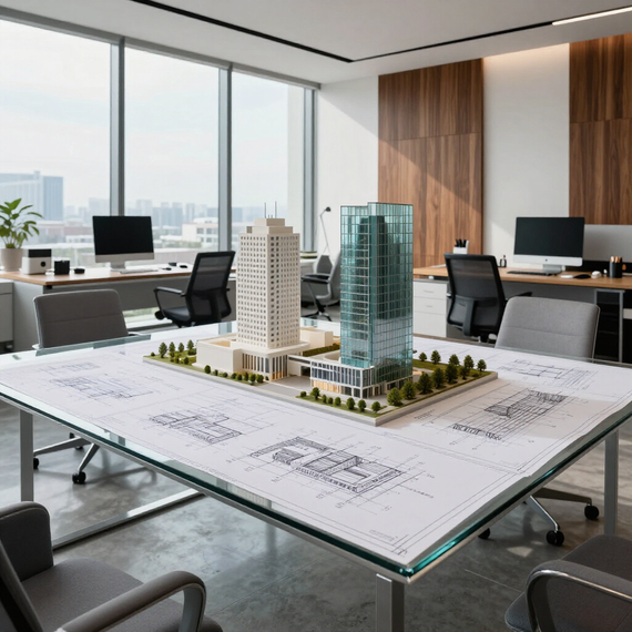 Maqueta arquitectónica sobre una mesa de conferencias en una oficina moderna con vistas.