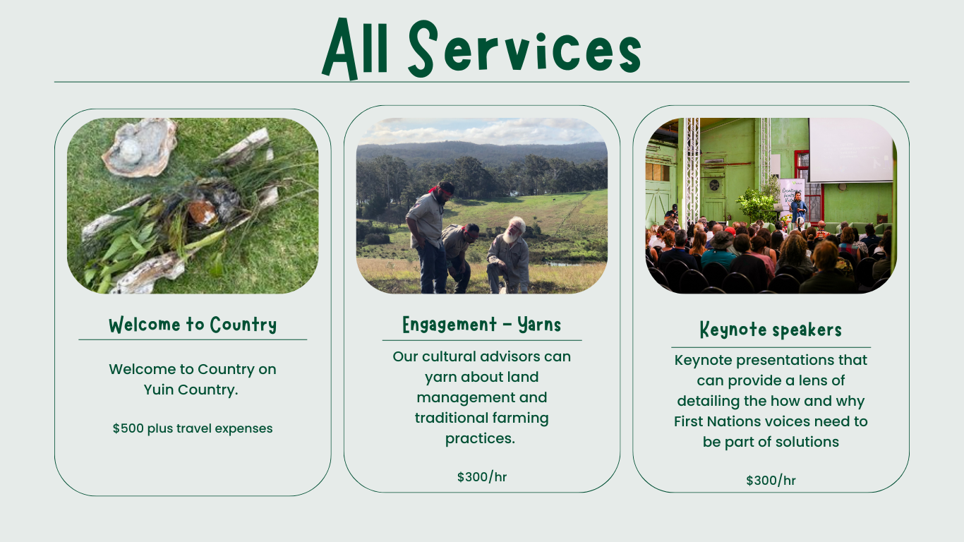 Three service offerings: Welcome to Country, Engagement – Hume, and Keynote Speakers.