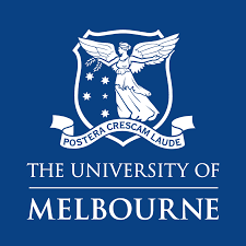 Blue logo: University of Melbourne crest with winged figure and text 
