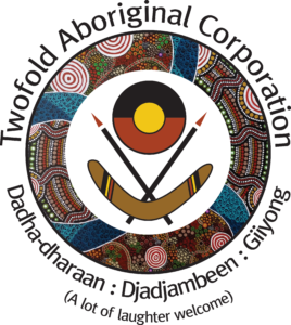 Twofold Aboriginal Corporation logo: Indigenous art circle with flag, crossed boomerangs, text.