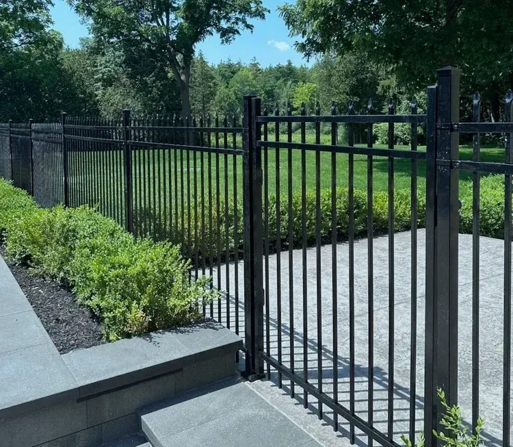Black metal fence beside a paved walkway and green shrubs in a park-like yard