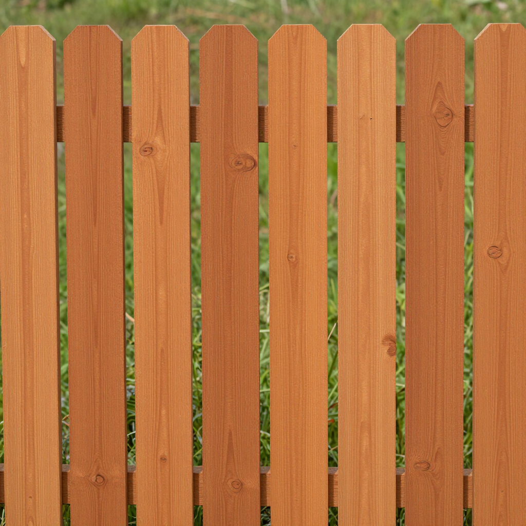 Close-up of a reddish-brown wooden picket fence with green grass visible through the gaps.