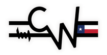 Stylized black ECG line with Texas flag at right end