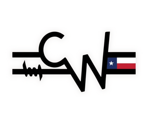 Black ECG heartbeat line forming the letters C and N, ending with a small Texas flag icon.