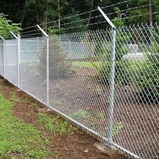 Chain-link fence with barbed wire along a grassy roadside beside trees and water