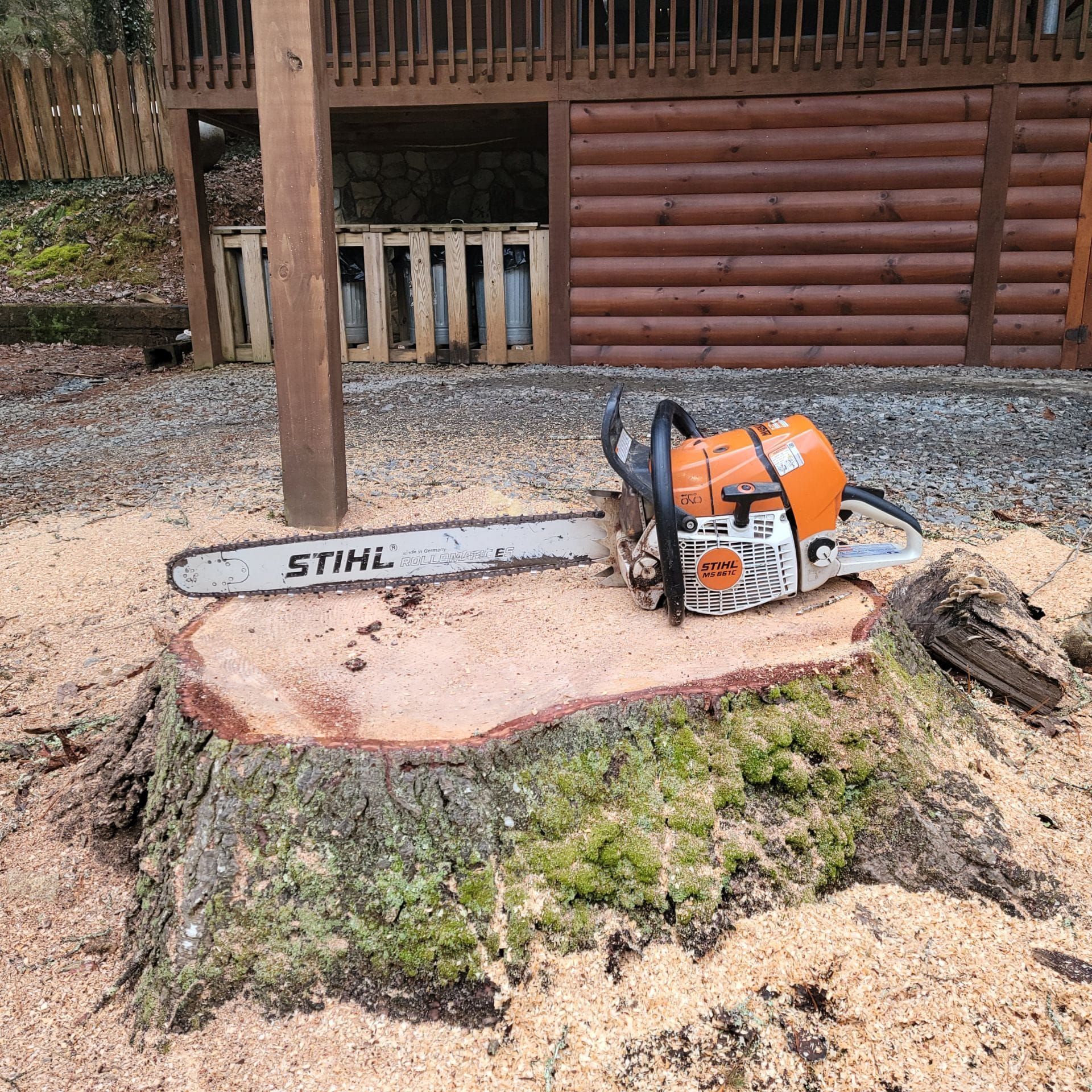 A stihl chainsaw is sitting on top of a tree stump.