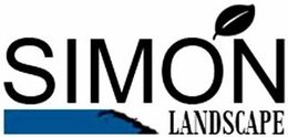 Simon Landscape logo with black text, blue swoosh, and leaf icon