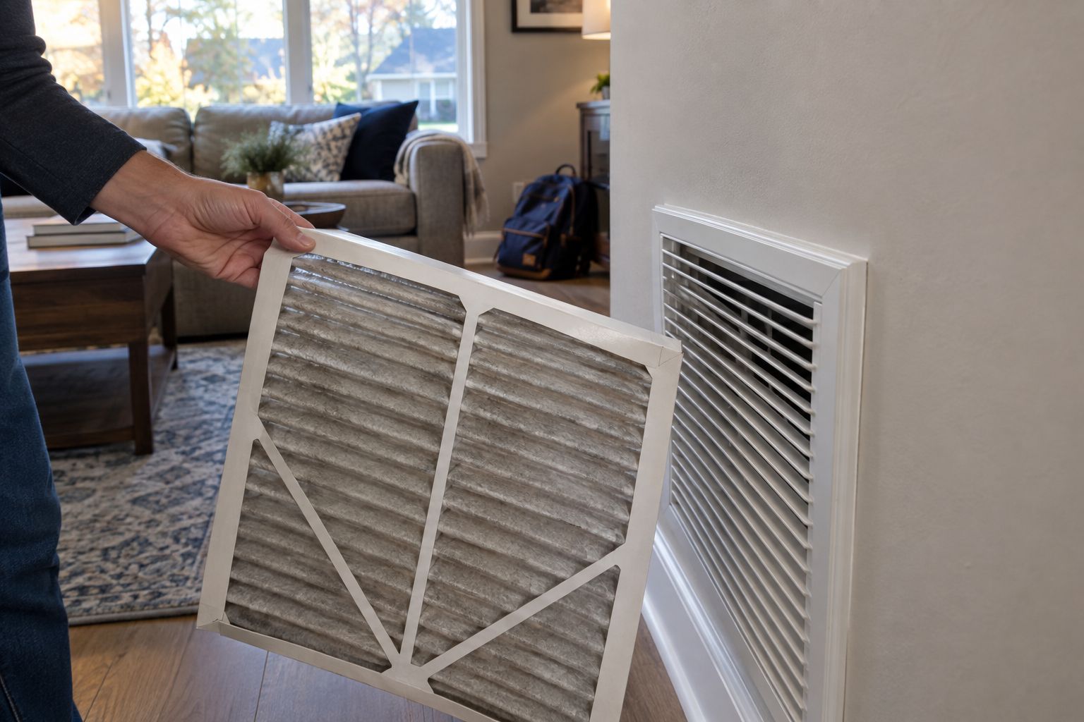 Closed-up living room in early fall with a homeowner-visible HVAC filter near the return.