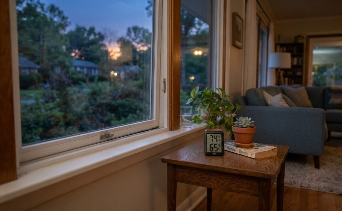 Cozy living room by a window at dusk, with a wooden side table, plant, candle, and gray sofa.