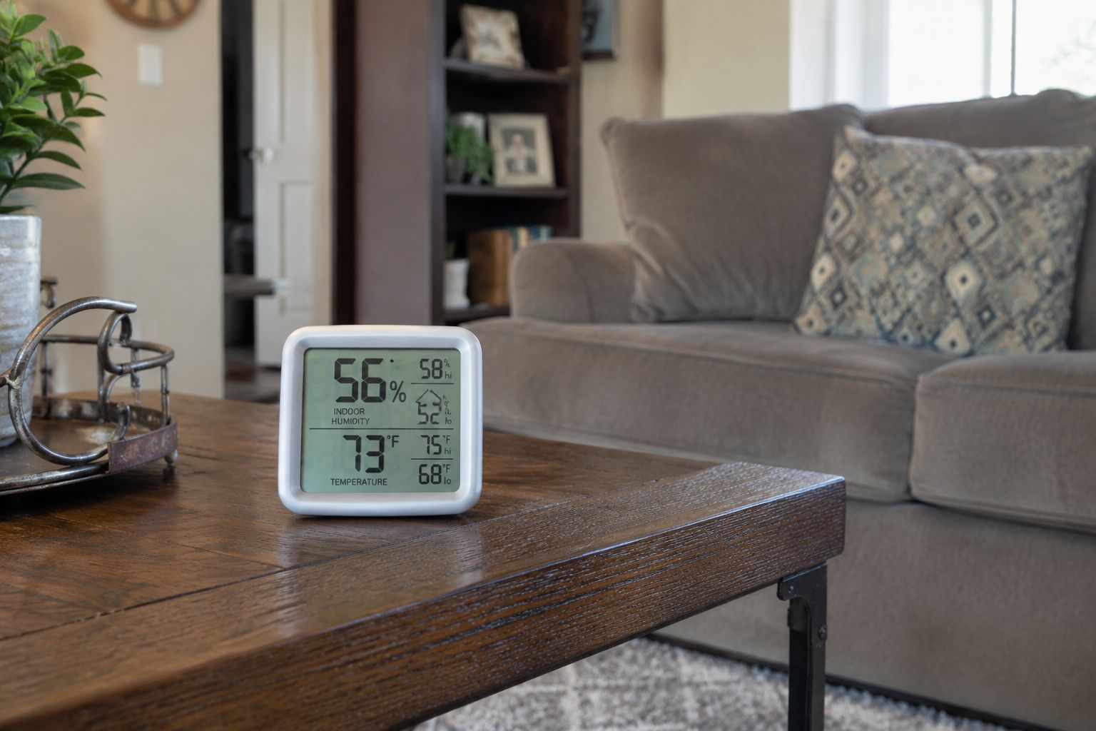 Digital clock on a wooden coffee table in a living room with a beige sofa in the background.
