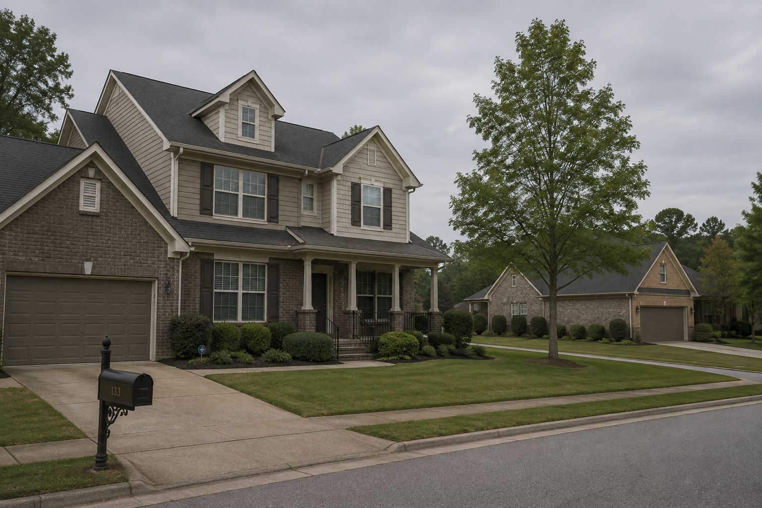 Two-story gray suburban house with a porch, driveway, mailbox, and tree-lined front yard