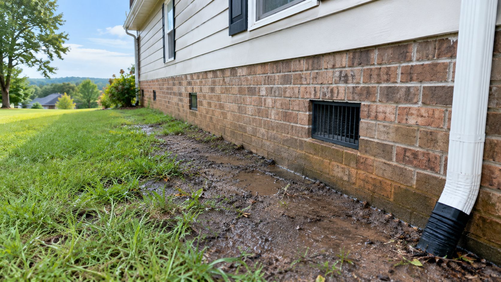 Arab-area crawlspace home after rain with damp ground near foundation vents in late-summer daylight.
