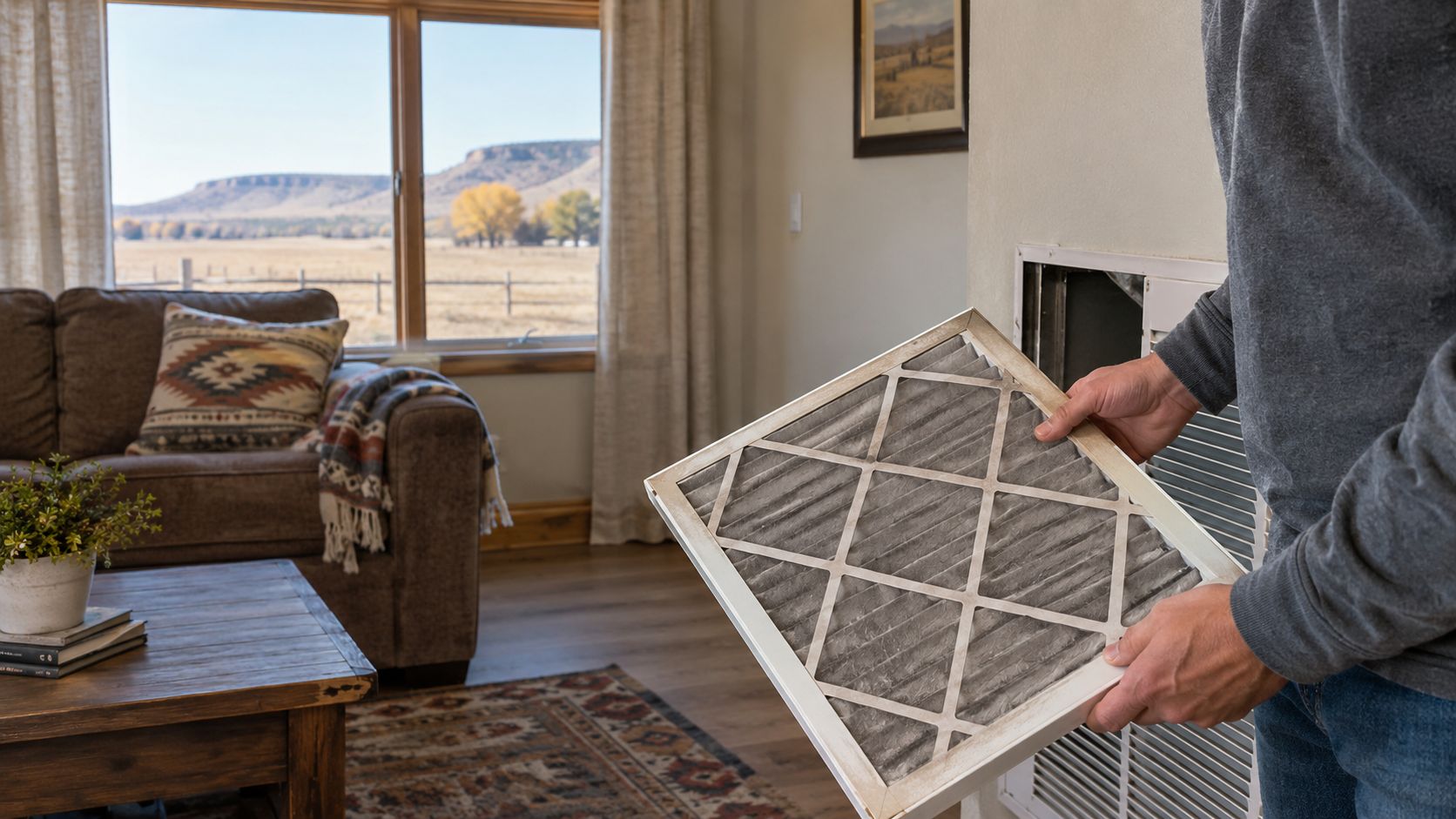 Closed-up living room in early fall on Sand Mountain with a homeowner-visible HVAC filter near the r