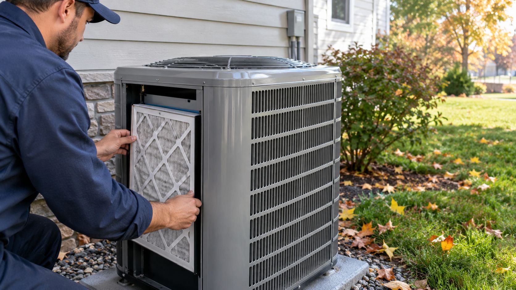 Technician checking a home HVAC system on a mild fall morning before heating season begins.