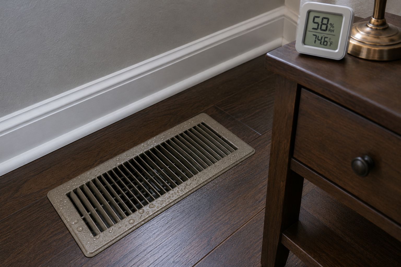 Floor vent beside a wooden nightstand with a digital clock in a corner of a room