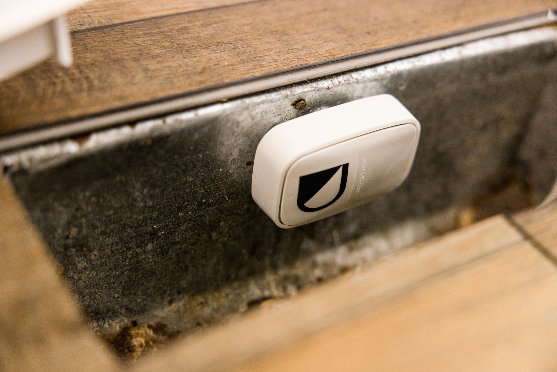 White wall-mounted button with a black leaf icon on a textured stone surface