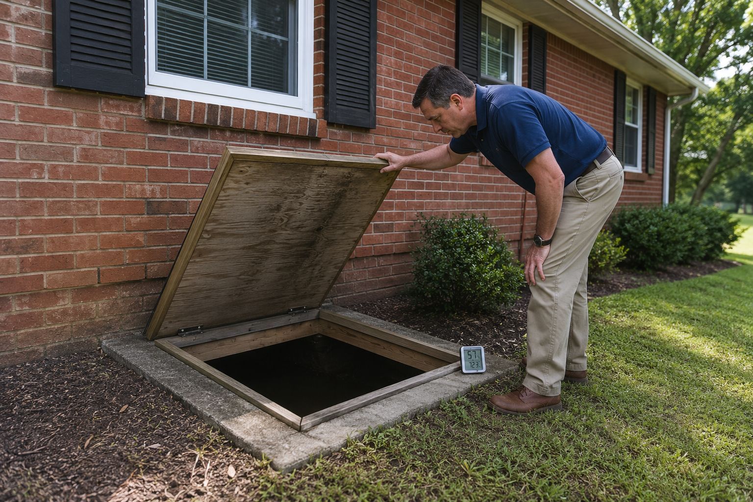 Man inspecting an open basement window well beside a brick house