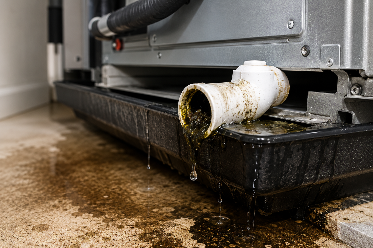 Leaking white drain pipe under a machine, dripping liquid onto a wet floor with brown stains.