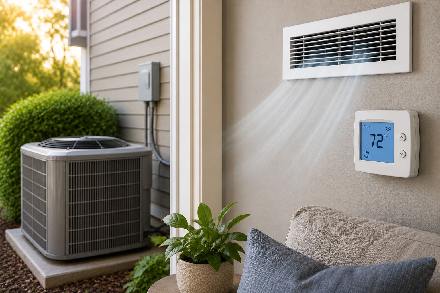Modern home exterior with AC unit, thermostat showing 72°, and sofa on a patio