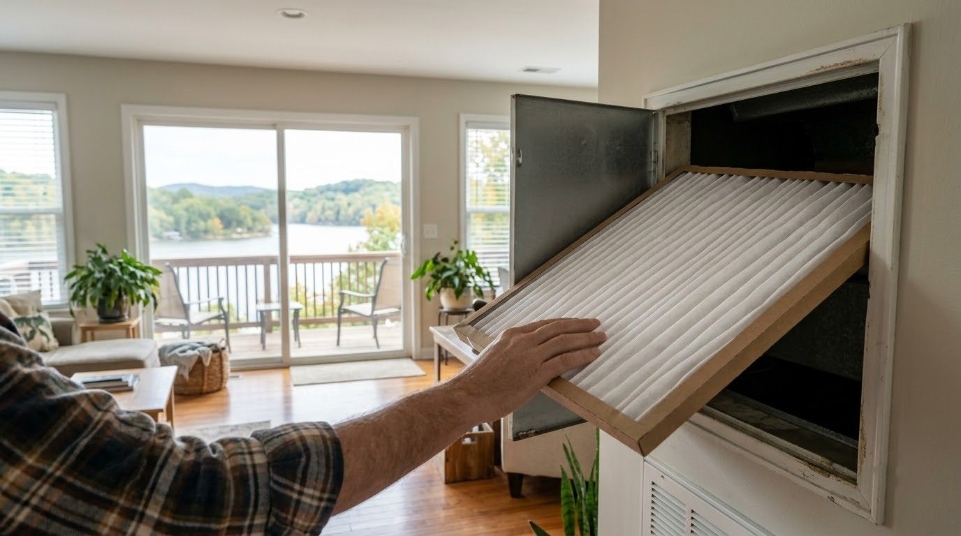 Homeowner fitting an HVAC filter in a lake-area home in early fall.