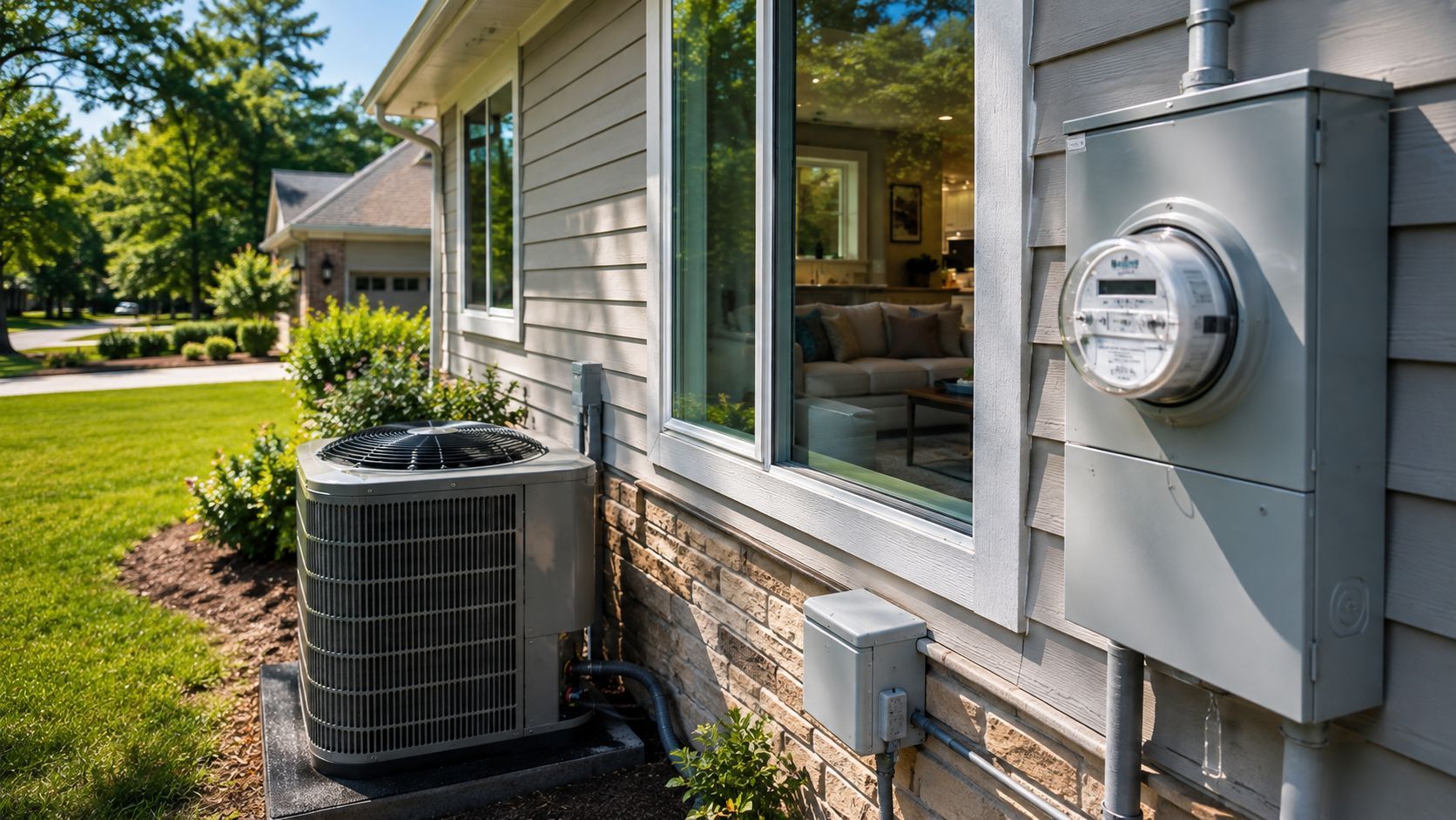 Outdoor HVAC unit beside a house’s siding and windows, with an electric meter on the wall.