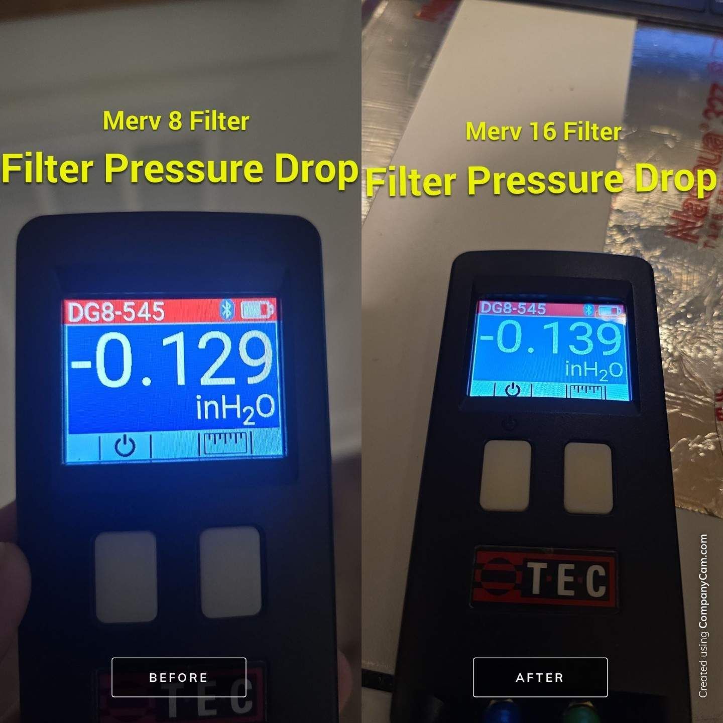 Two filter pressure drop meters, labeled before and after, showing 0.129 and -0.139 inH2O.