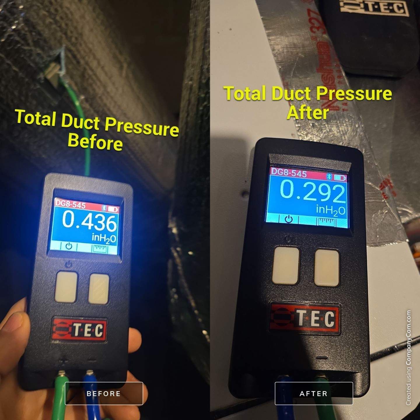 Two duct pressure meters in a hand, showing before 0.436 and after 0.292 readings.