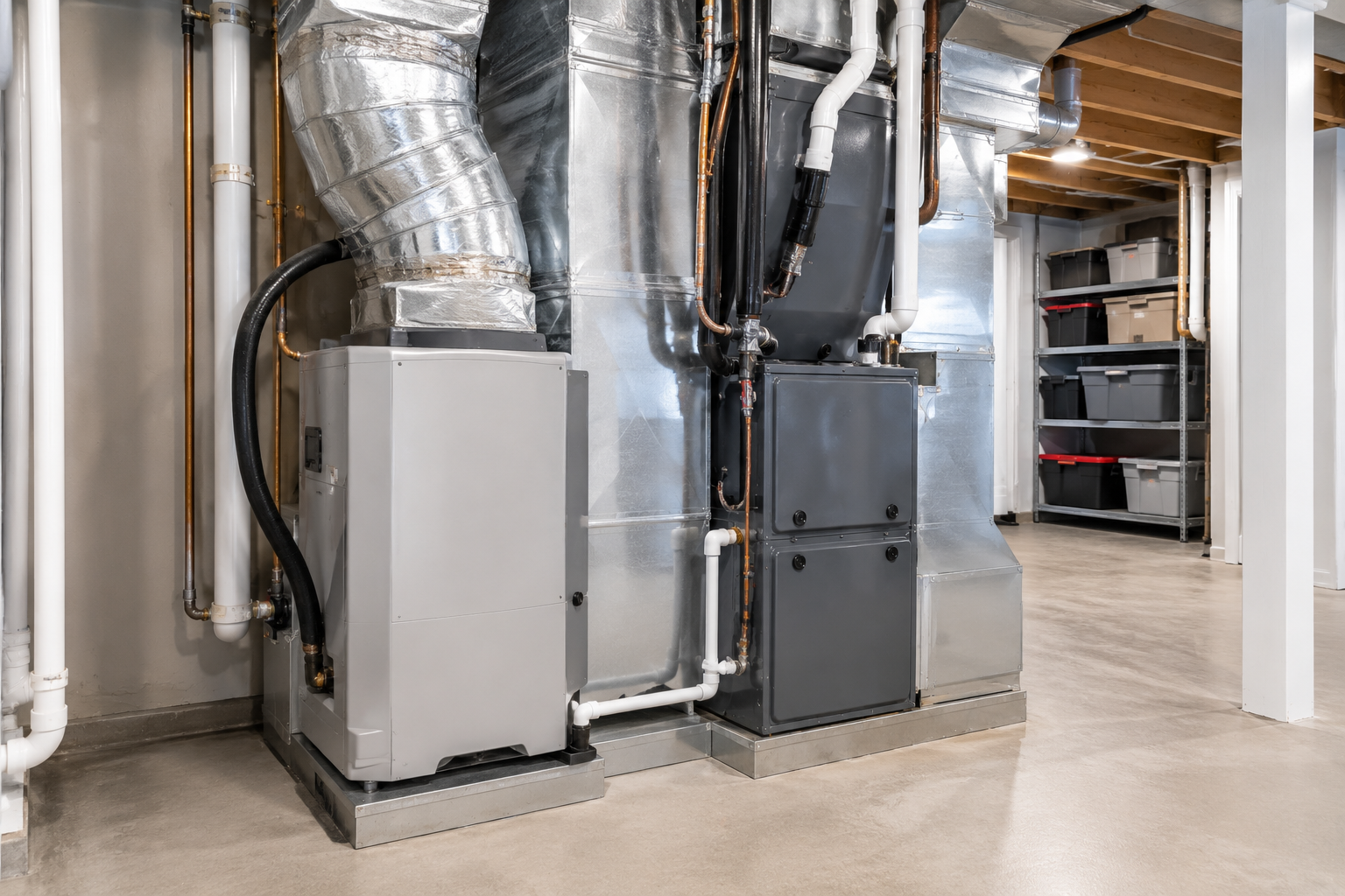 Basement utility room with HVAC furnaces, metal ductwork, and shelving
