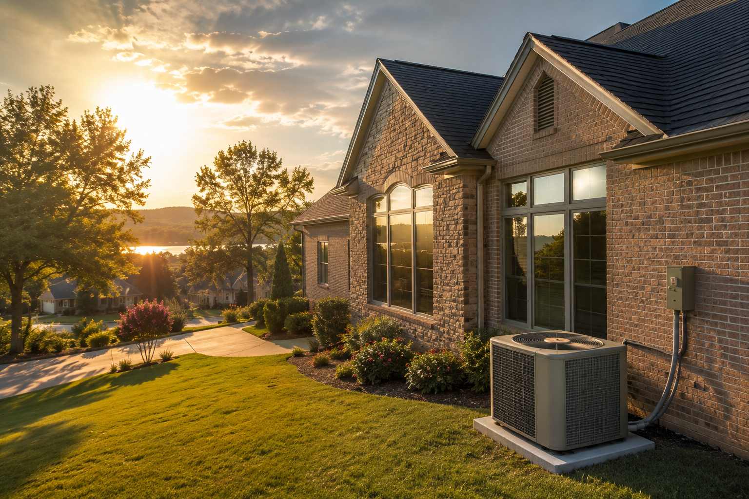 Sunlit brick house with large windows and a landscaped lawn at sunset
