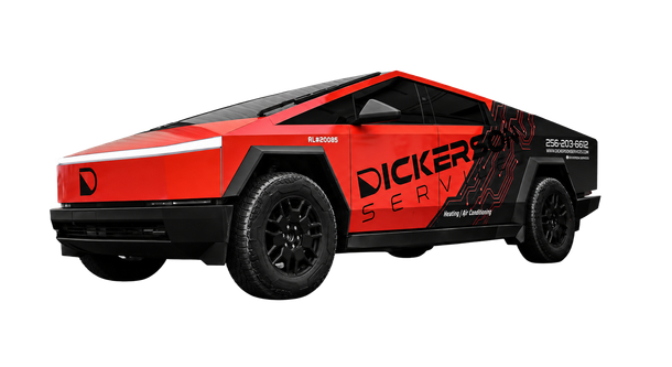 Red futuristic pickup truck with black wheels and red-and-black body graphics on a white background