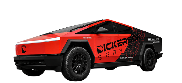 Red and black futuristic pickup truck with angular body and DICKER branding on the side