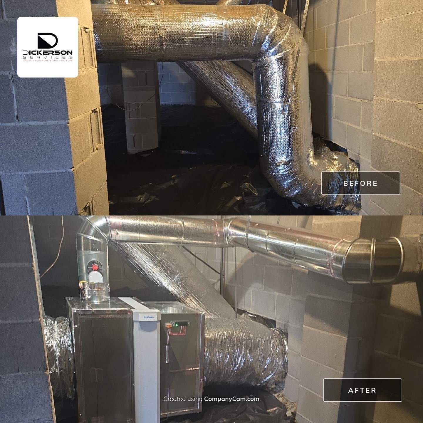 Basement utility room with insulated HVAC ducts and a furnace, labeled before and after.