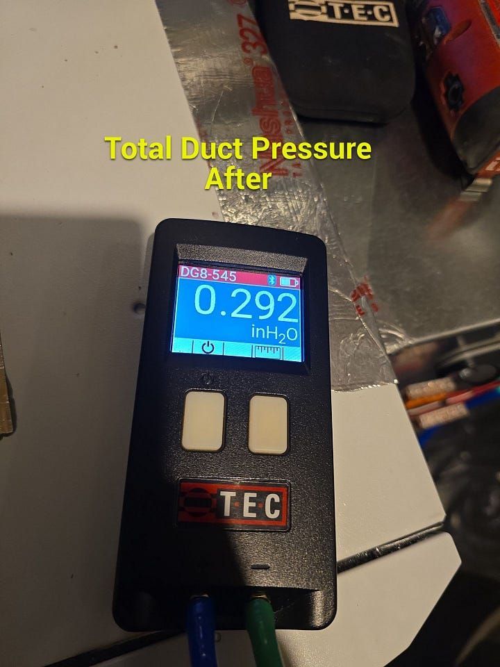 Handheld TEC duct pressure meter reading 0.292, with yellow text “Total Duct Pressure After” over a metal surface