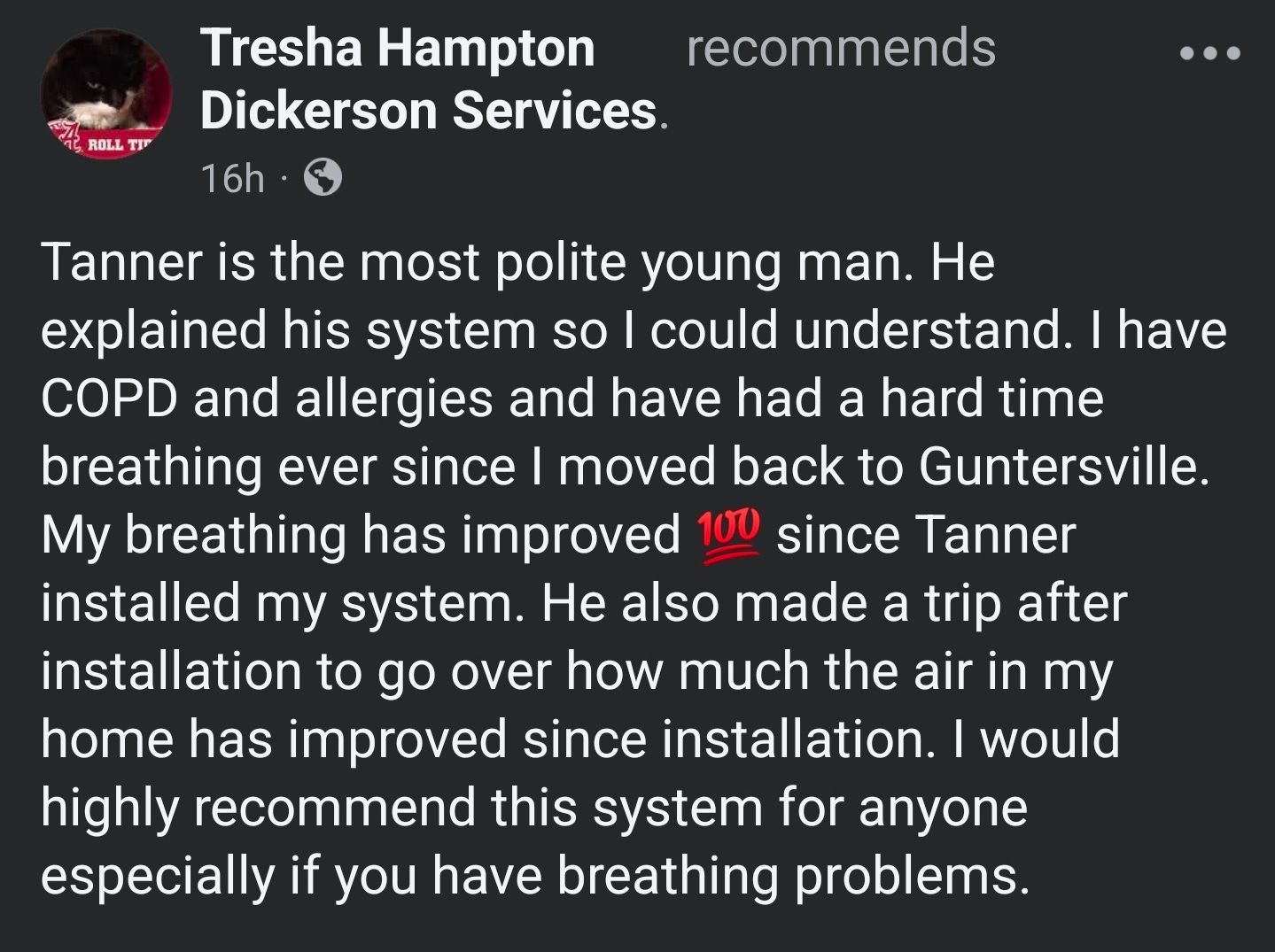 Social media review praising Tanner’s HVAC installation for improving breathing and home air quality