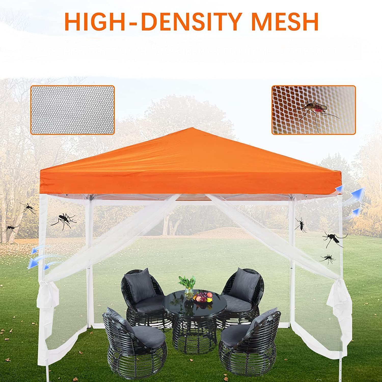 Mosquito Net Tent Screen with Zipper,  10x 10 with 8ft table and 5 chairs