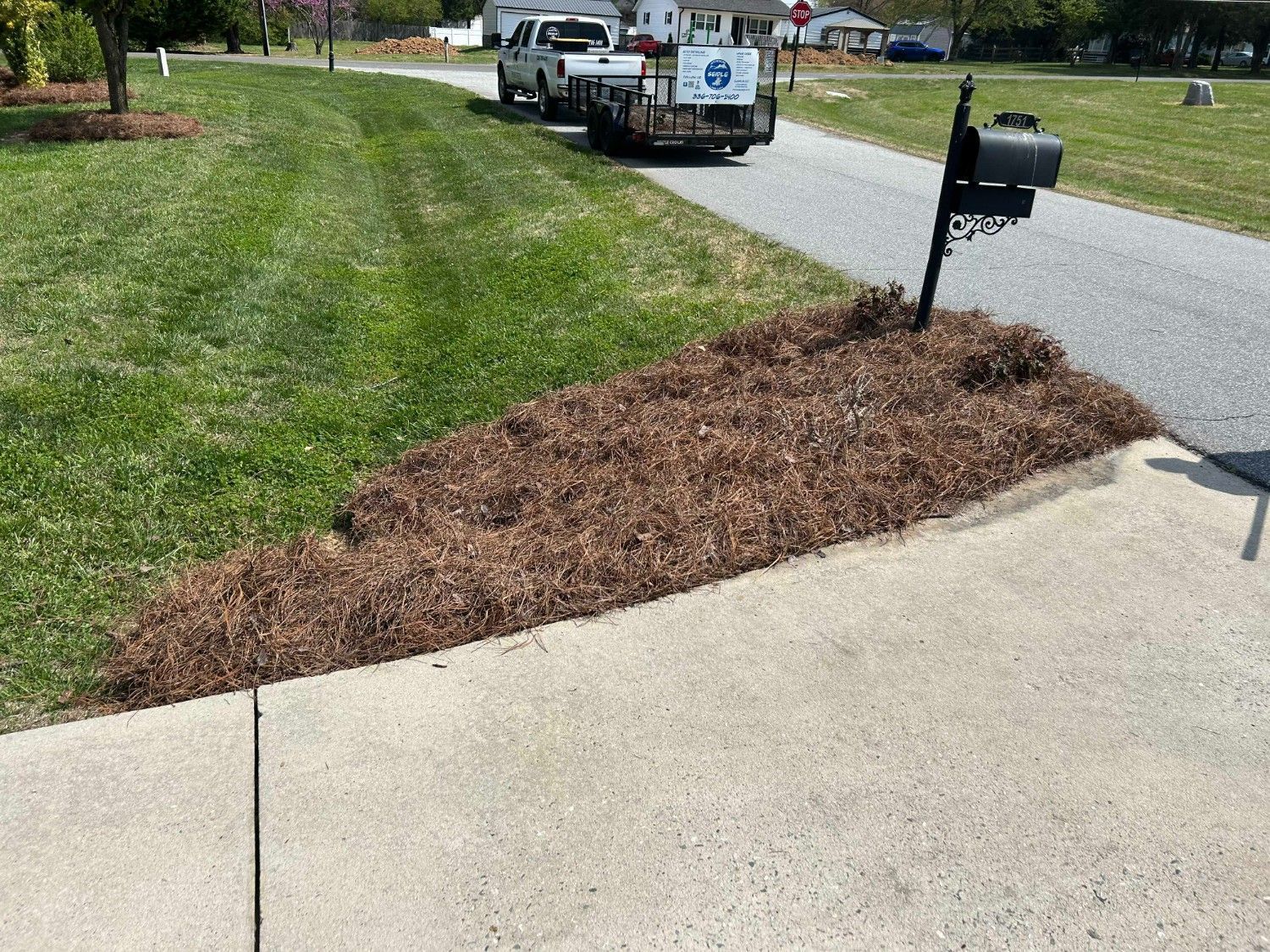 Fresh mulch spread along a sidewalk beside a mailbox and parked work truck in a suburban yard
