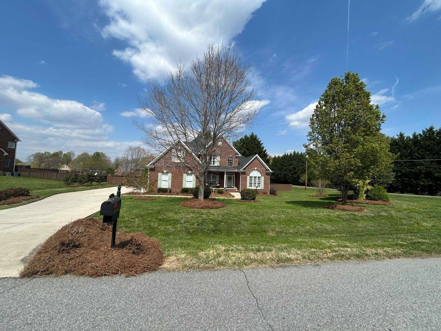 Suburban brick house with a front lawn, leafless tree, and a black mailbox by the road.