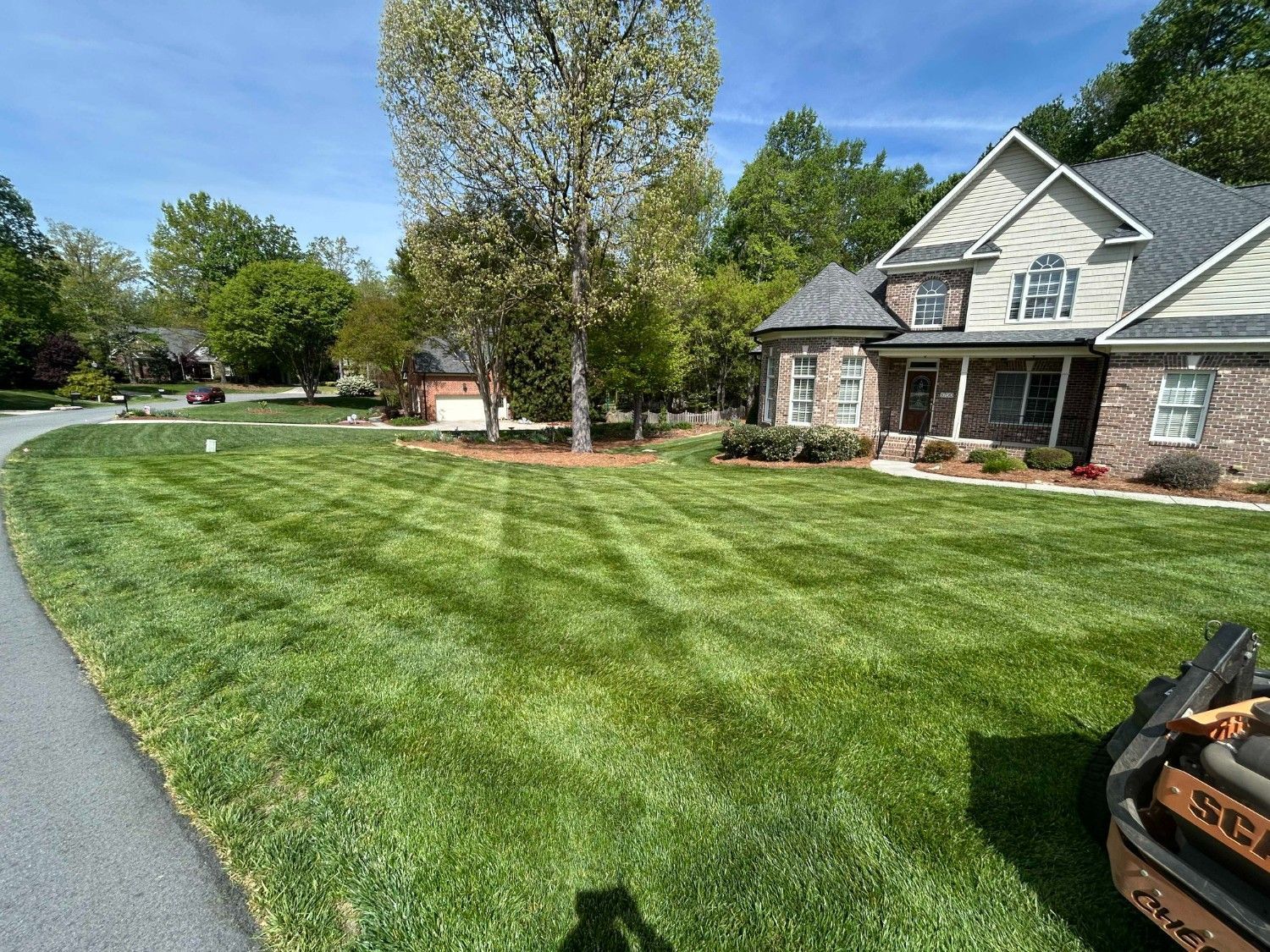 Suburban front yard with freshly mowed lawn, a large tree, and a brick house under a clear blue sky