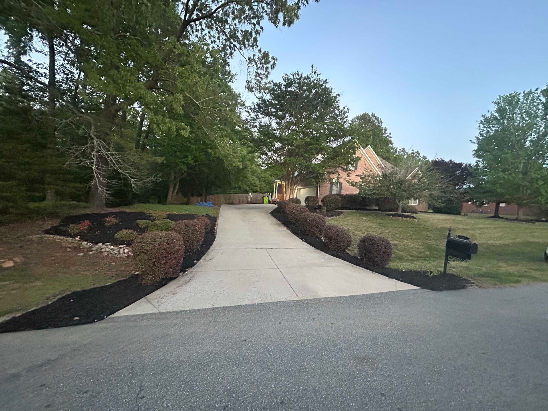 Driveway leading to a house with landscaped shrubs and trees on a quiet residential property.