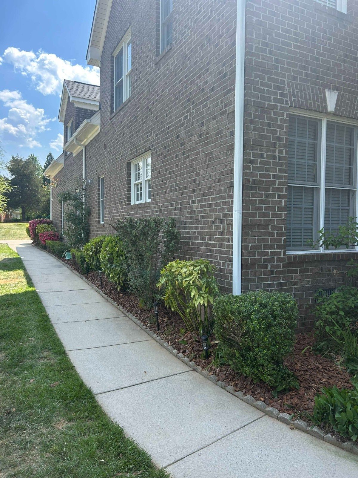 Brick apartment building beside a concrete walkway and trimmed hedges on a sunny day
