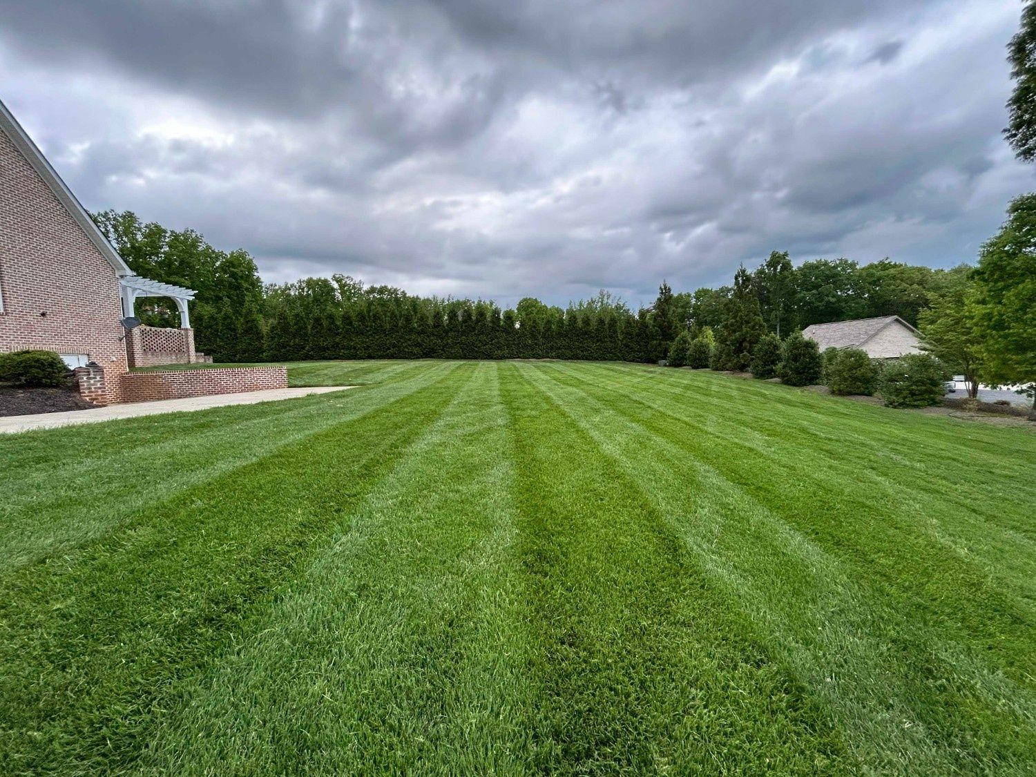 Freshly mowed green lawn beside a house, with a cloudy sky and hedges in the background