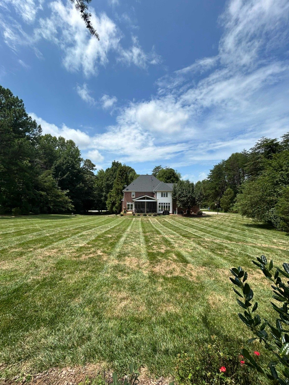 House centered in a wide grassy yard under a blue sky with scattered clouds, surrounded by trees.
