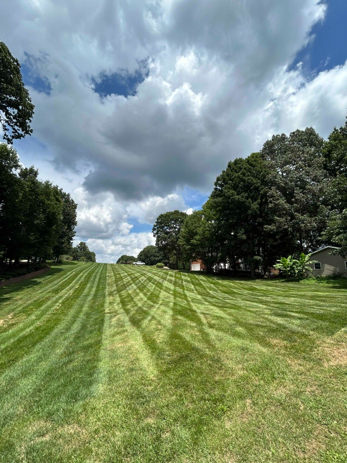 Freshly mowed grassy field with striped rows under a cloudy sky, lined by trees on both sides