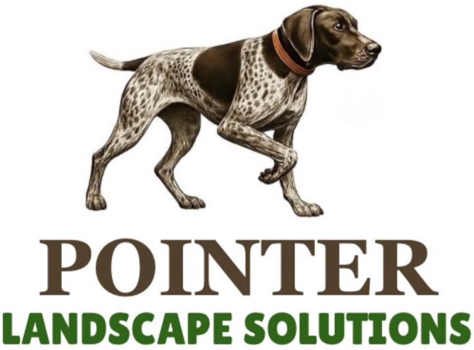 Pointer dog logo with &ldquo;POINTER LANDSCAPE SOLUTIONS&rdquo; text in brown and green