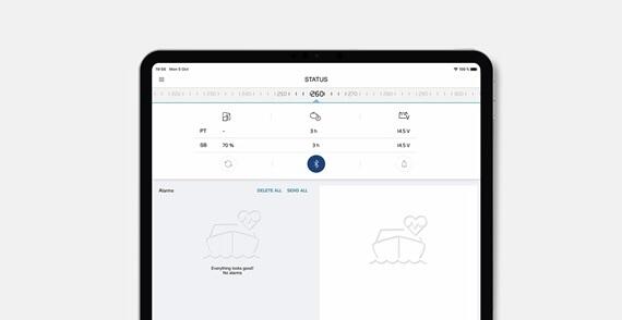 A tablet screen displaying a shipping logistics app with a 200-item inventory count, category icons, and search view.